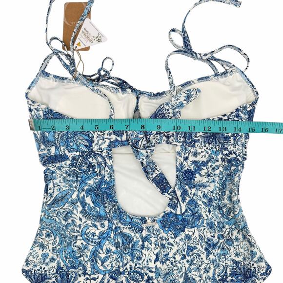 Berlook NWT Sz L Blue Retro Floral Drawstring Ruched Keyhole One-Piece Swimsuit - Picture 7 of 11